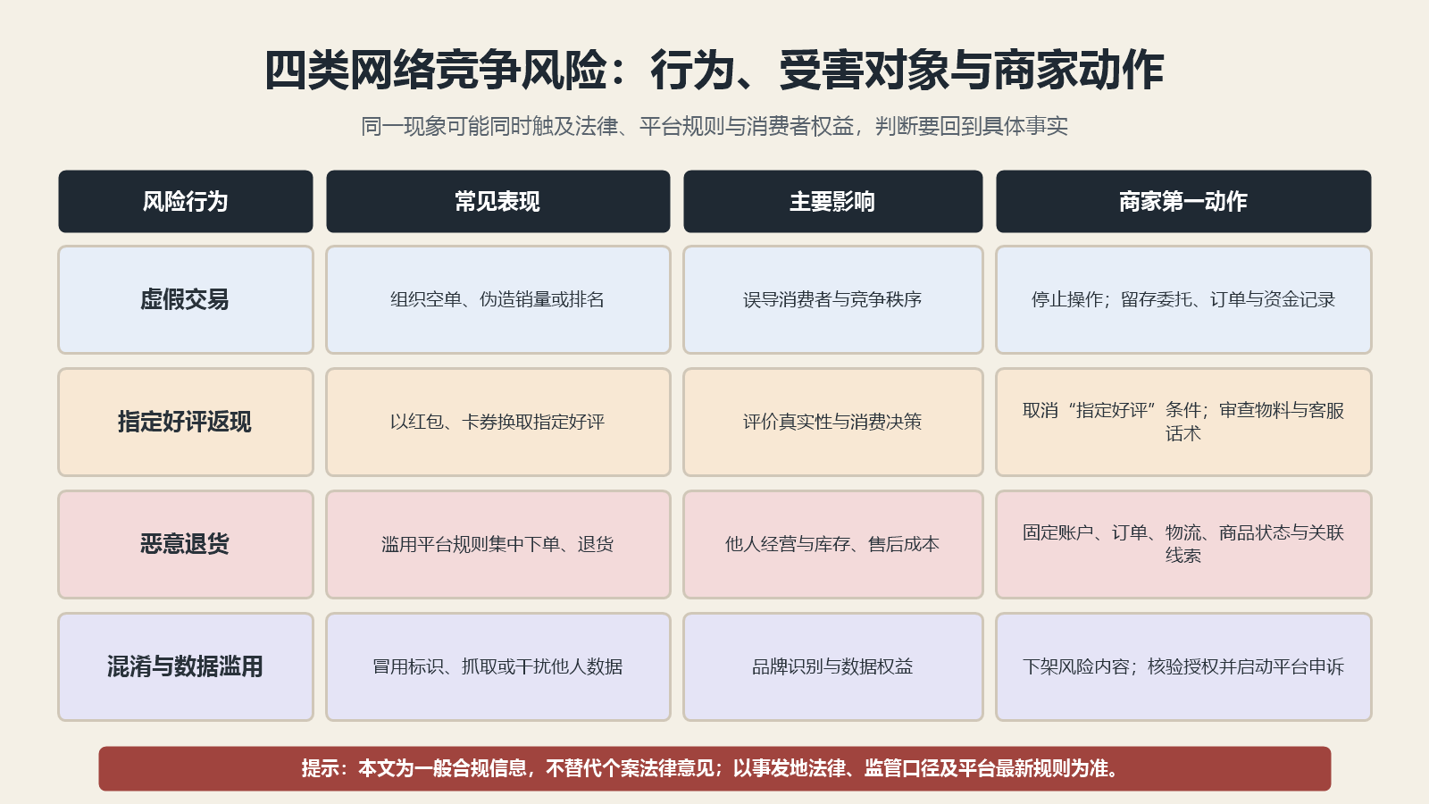 虚假交易指定好评返现恶意退货混淆与数据滥用四类网络竞争风险矩阵
